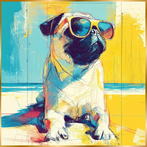 パグ犬とビーチのスケッチ No.3】海・犬の絵・犬のイラスト・おしゃれ