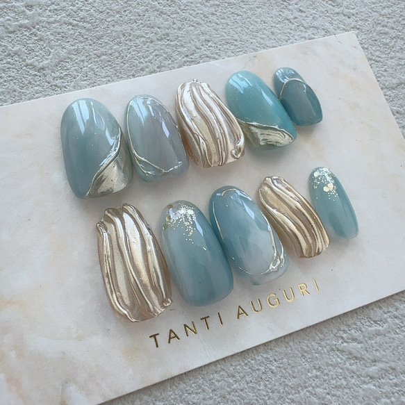 藍鼠色 あいねずいろ ネイルチップ 青系 くすみターコイズブルー インディゴグレー 暗い灰みの青 付け爪 空 海 クール 2枚目の画像