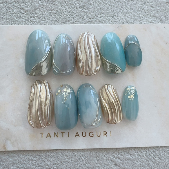 藍鼠色 あいねずいろ ネイルチップ 青系 くすみターコイズブルー インディゴグレー 暗い灰みの青 付け爪 空 海 クール 1枚目の画像