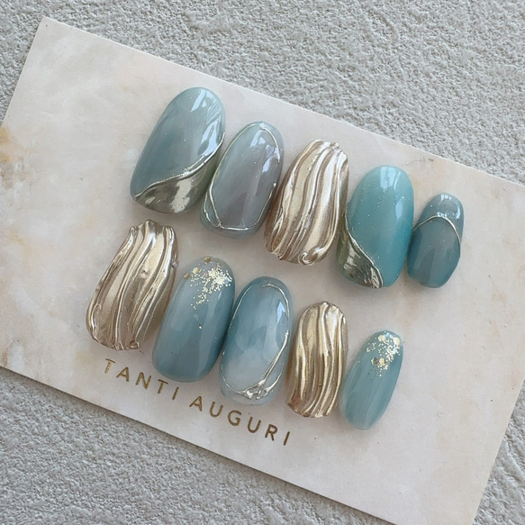 藍鼠色 あいねずいろ ネイルチップ 青系 くすみターコイズブルー インディゴグレー 暗い灰みの青 付け爪 空 海 クール 3枚目の画像