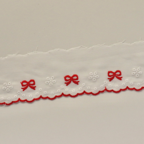 レース】赤リボンx白い花刺繍 コットン 綿レース (幅6.5cm/長さ1m