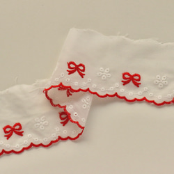 レース】赤リボンx白い花刺繍 コットン 綿レース (幅6.5cm/長さ1m