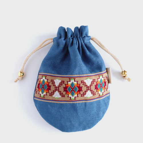 チロリアンテープの巾着ポーチ【blue×blue】 巾着袋 watamofu 通販