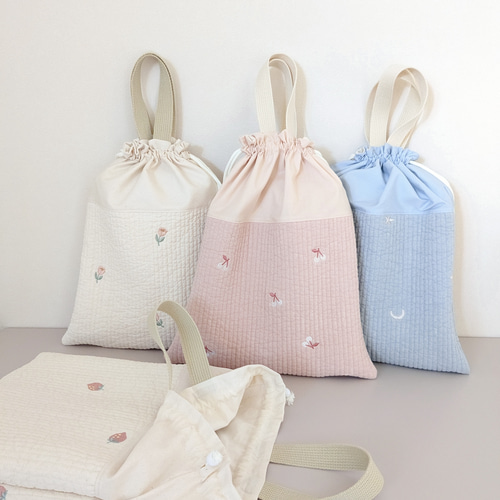 pino♡　上履き袋　ヌビ　キルト　体操着袋　　りぼん　刺繍生地 体操着袋ナップサック ☆ ヌビ キルト 体操服袋・お着替え袋