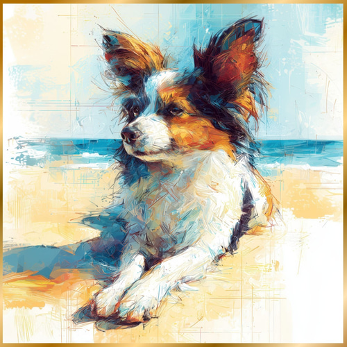 パピヨン犬とビーチのスケッチ No.1】海・犬の絵・犬のイラスト