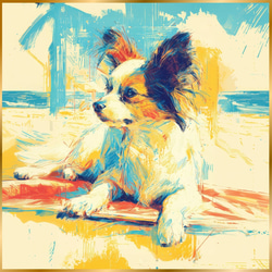 パピヨン犬とビーチのスケッチ No.2】海・犬の絵・犬のイラスト