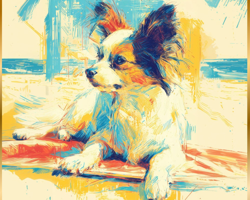 パピヨン犬とビーチのスケッチ No.2】海・犬の絵・犬のイラスト