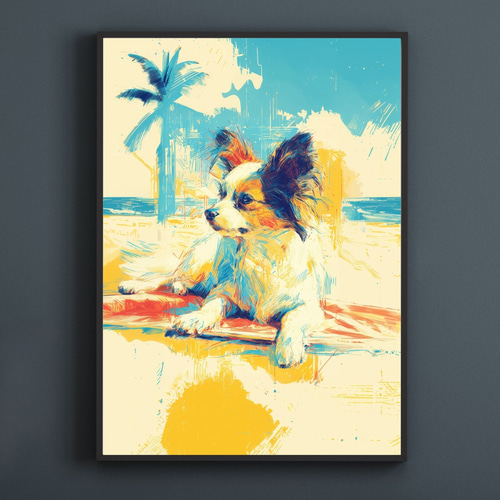 パピヨン犬とビーチのスケッチ No.2】海・犬の絵・犬のイラスト