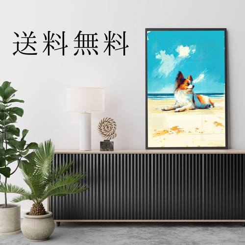 パピヨン犬とビーチのスケッチ No.3】海・犬の絵・犬のイラスト