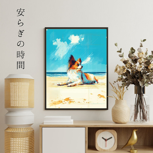 パピヨン犬とビーチのスケッチ No.3】海・犬の絵・犬のイラスト