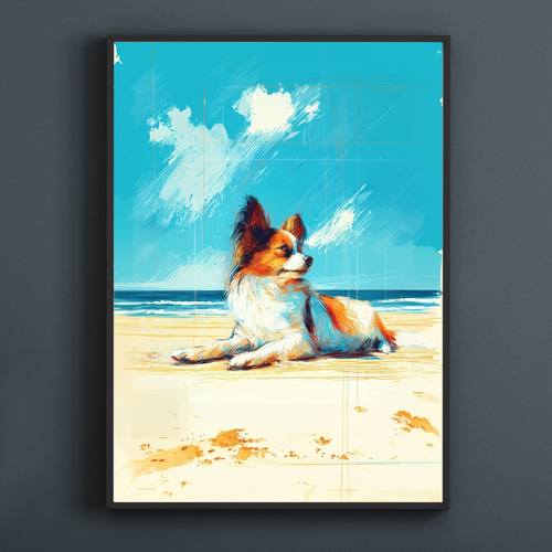 パピヨン犬とビーチのスケッチ No.3】海・犬の絵・犬のイラスト