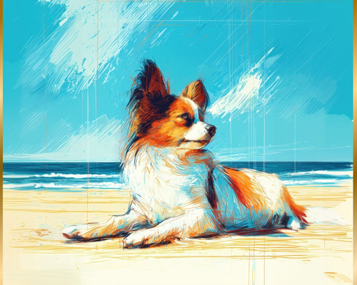 パピヨン犬とビーチのスケッチ No.3】海・犬の絵・犬のイラスト