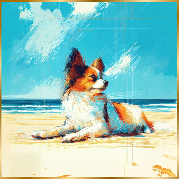 パピヨン犬とビーチのスケッチ No.3】海・犬の絵・犬のイラスト