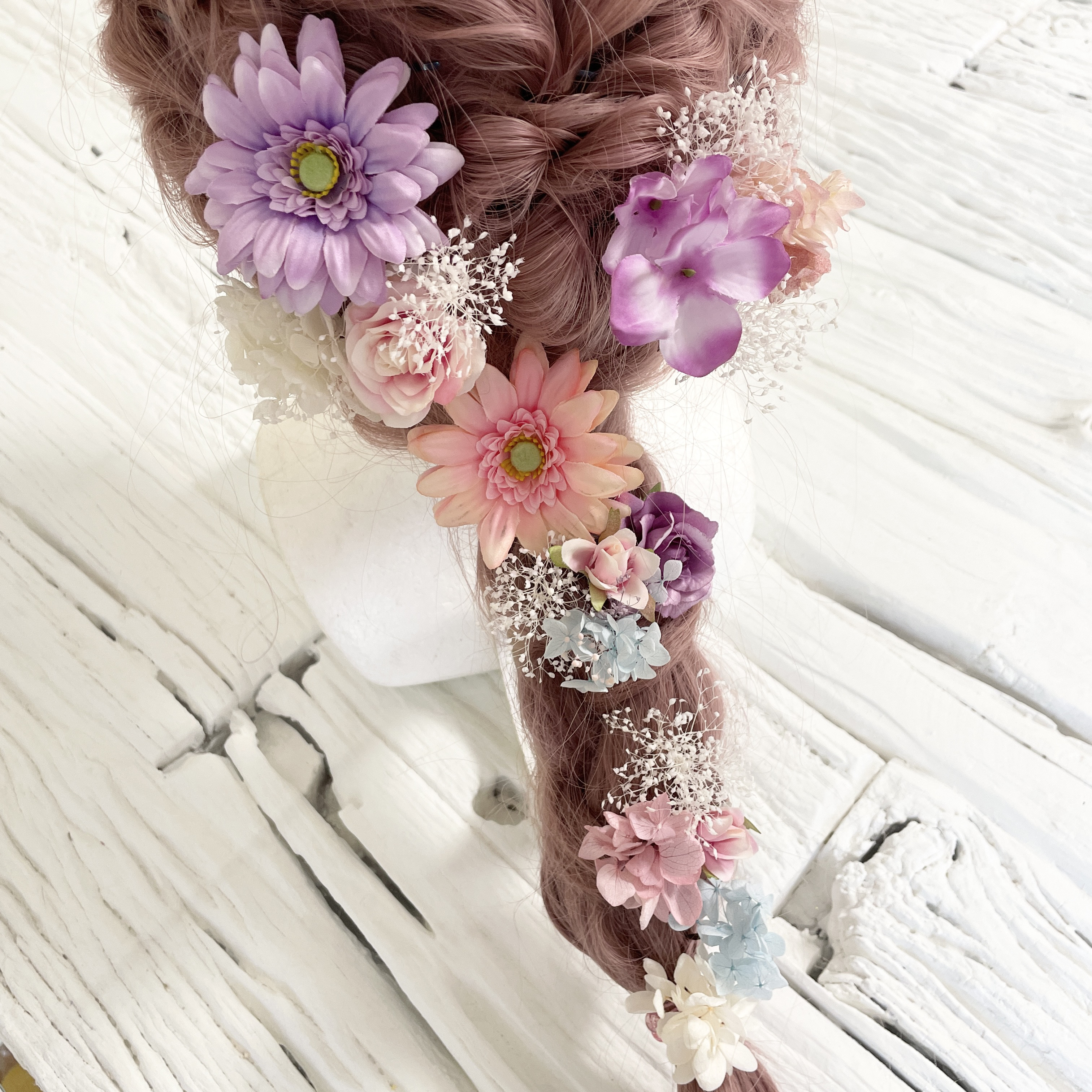 ラプンツェル髪飾り　ヘッドドレス　ガーベラ　ピンク　パープル