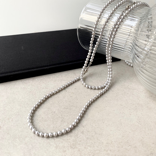 シルバー・シェルパールのロングネックレス/2連・3連/貝パール