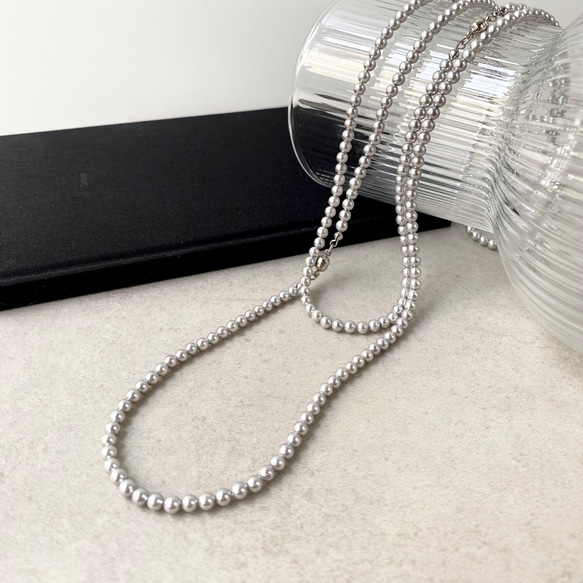 シルバー・シェルパールのロングネックレス/2連・3連/貝パール