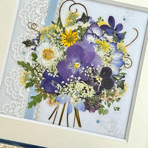 【お値引き価格】押し花アート額　【タテ45cm×ヨコ54cm】 母の日」やギフトにも最適！大人っぽい落ち着いたブルーの押し花アート