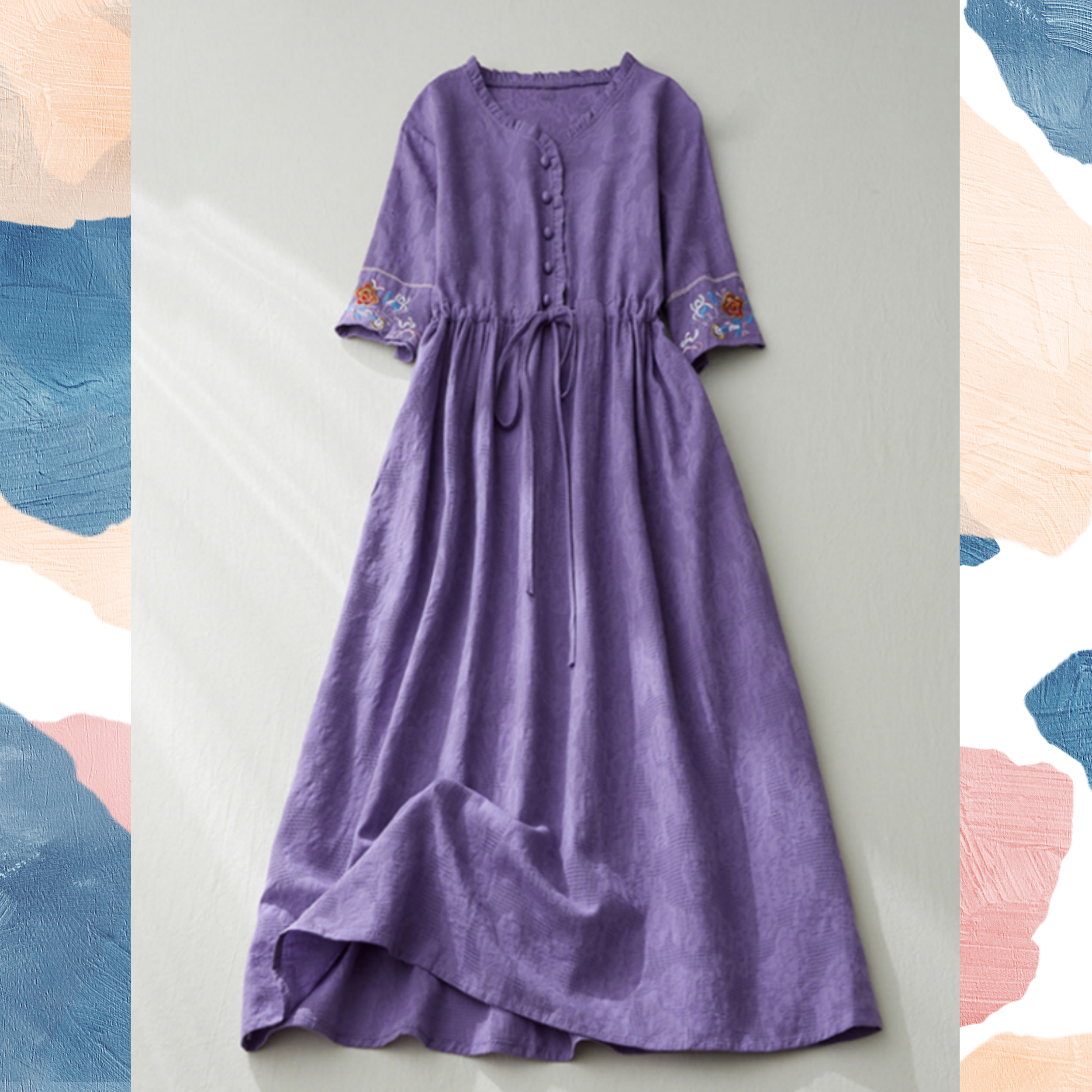 【受注】 新作 お洒落 綿麻 半袖 ワンピース  洗濯可 4,536円