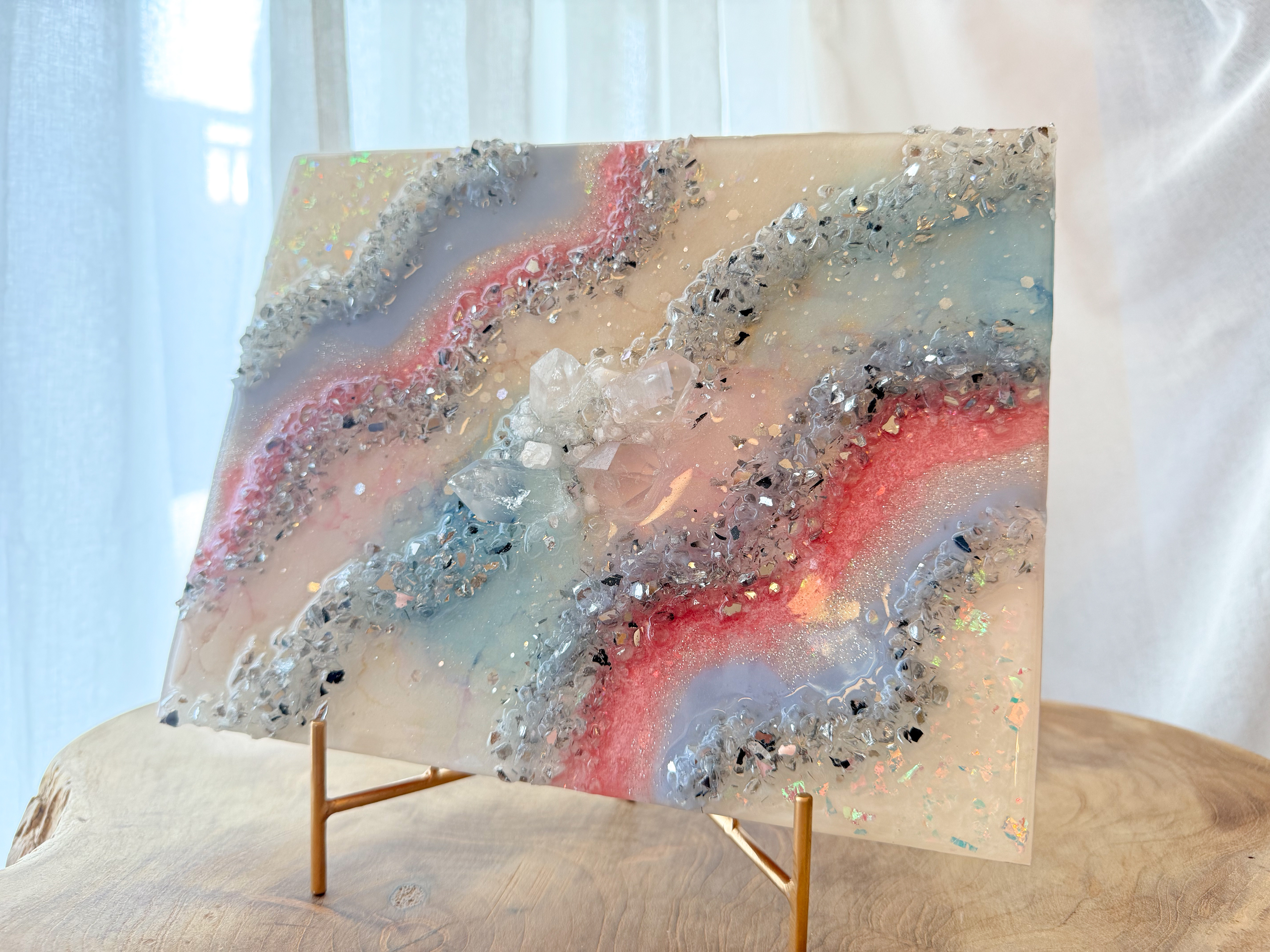 アウトレットsale‼︎pink&blue天然水晶が煌めくアートパネル