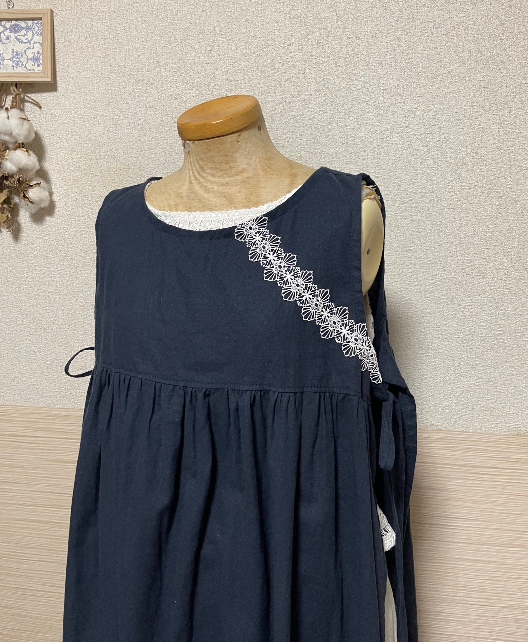 リネン　ワンピース　ネイビー