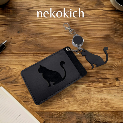 本革 リール付きパスケース 】猫 定期入れ 両面ポケット ラッピング