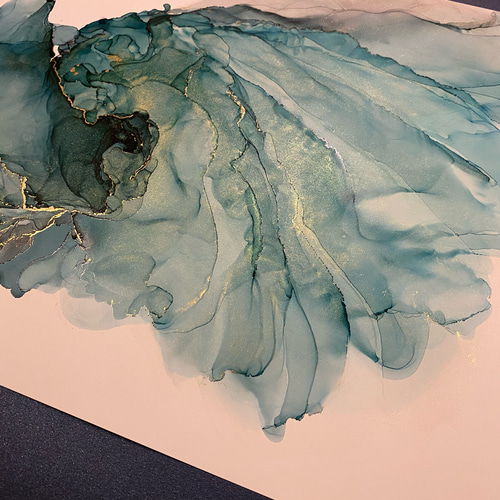 No.37k アルコールインクアート 原画 A3サイズ 絵 グリーン 緑 黒