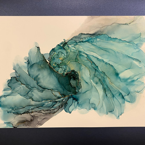 No.37k アルコールインクアート 原画 A3サイズ 絵 グリーン 緑 黒