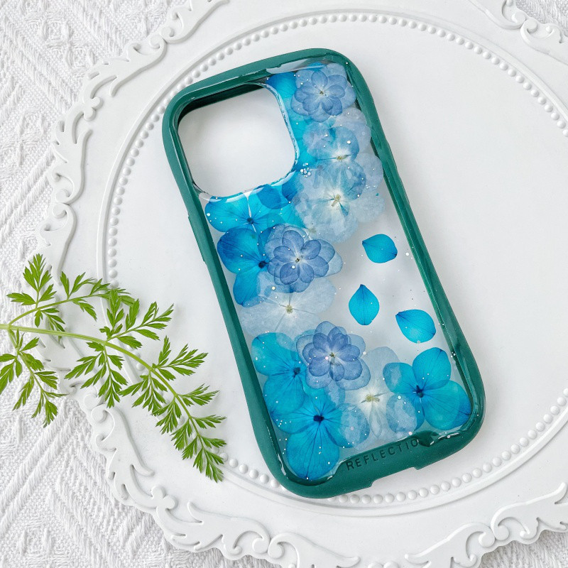 紫陽花iFace風押し花スマホケース、iPhone全機種対応、iPhone16、iPhone15Pro、iPhone8