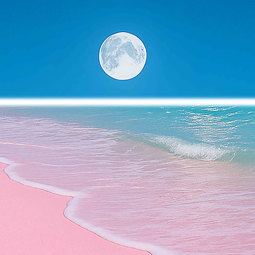 ピンクの浜辺と月夜の幻想/世界で唯一のAIアート 癒のインテリア
