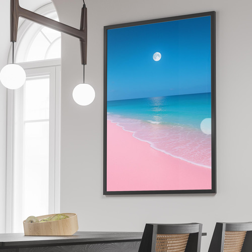 ピンクの浜辺と月夜の幻想/世界で唯一のAIアート 癒のインテリア