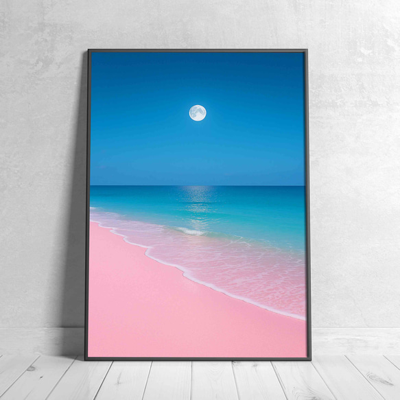 ピンクの浜辺と月夜の幻想/世界で唯一のAIアート 癒のインテリア