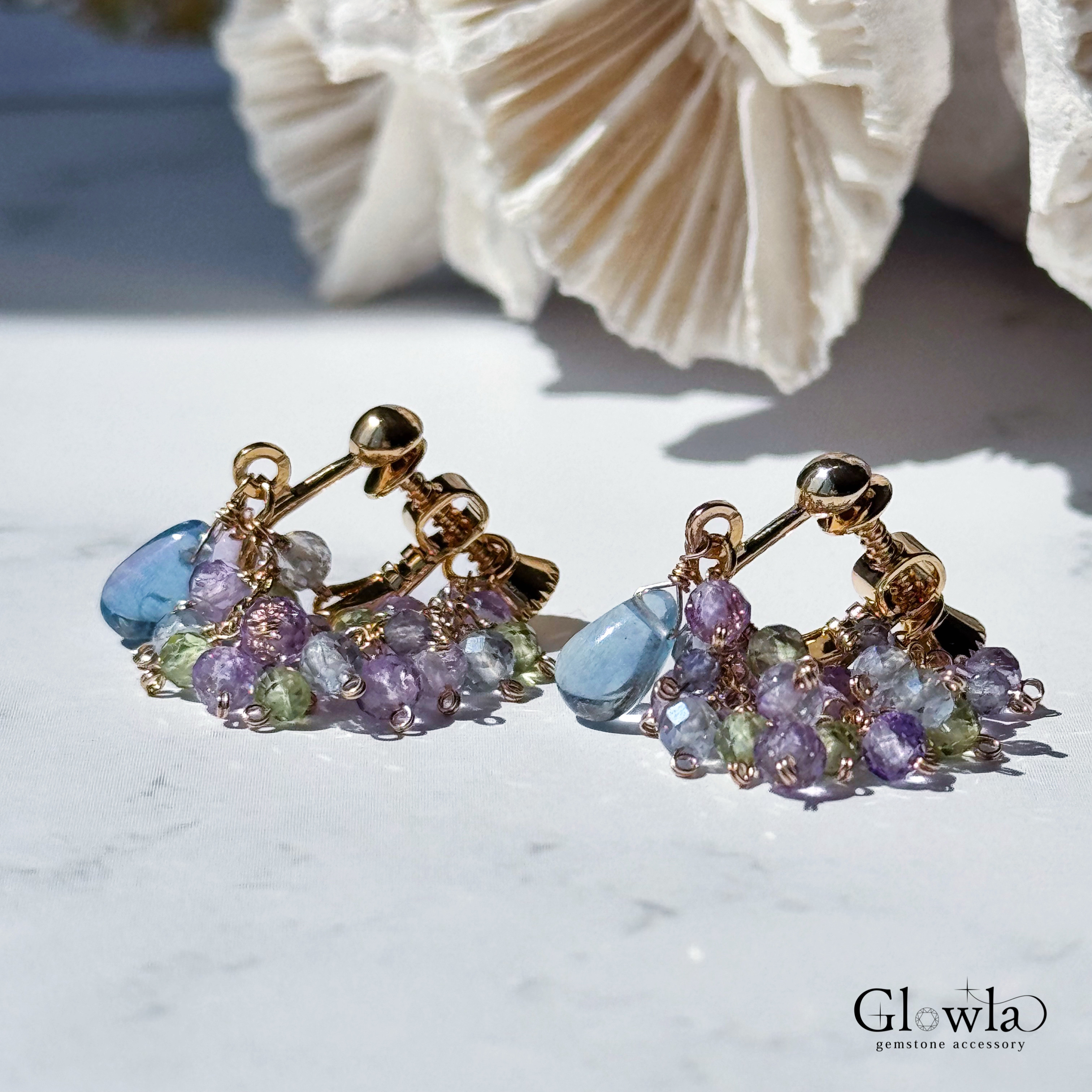 《人気》フローライト/アメジスト・アイオライト他　16kgpピアス/16kgpイヤリング 天然石/シンプル/ショート/春