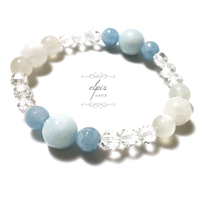 アクアマリン＆ホワイトラブラドライト(レインボームーンストーン)＆ムーンストーン＆カット水晶のブレスレット