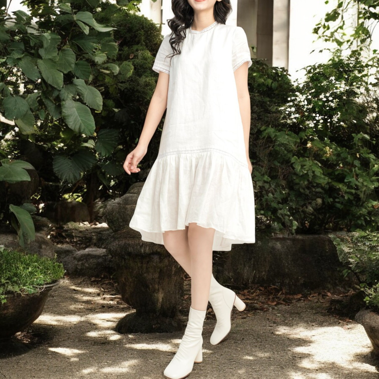 白いリネン 100％ フレアシルエット ワンピース｜半袖・フィッシュテールデザイン・ オーダーメイド・ L125