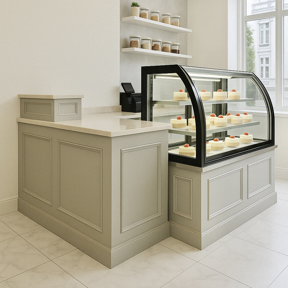 洋菓子店向け冷蔵ショーケースカウンター（W1800グレー）L字型レジカウンター オーダーメイドレジ台 特注店舗什器