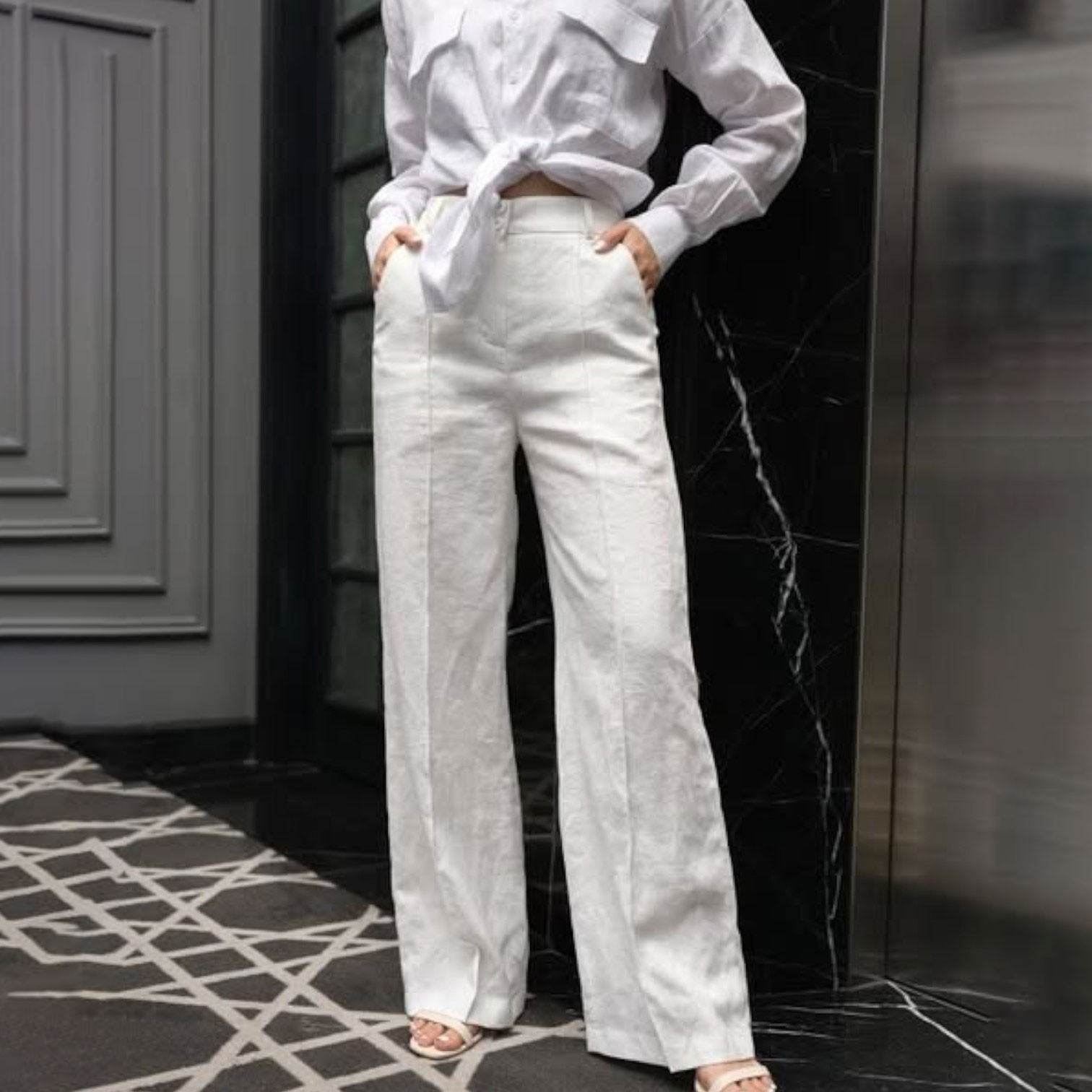 リネン100％ ホワイト ストレートパンツ｜涼やか＆上品｜ナチュラル素材で快適・サステナブル L160