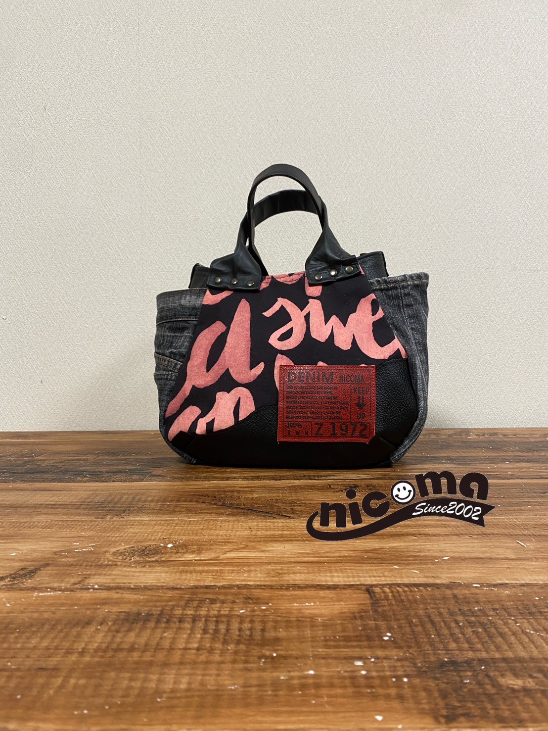 まんまるトートバッグ中サイズ　リバティピンク×本革ブラック×デニム