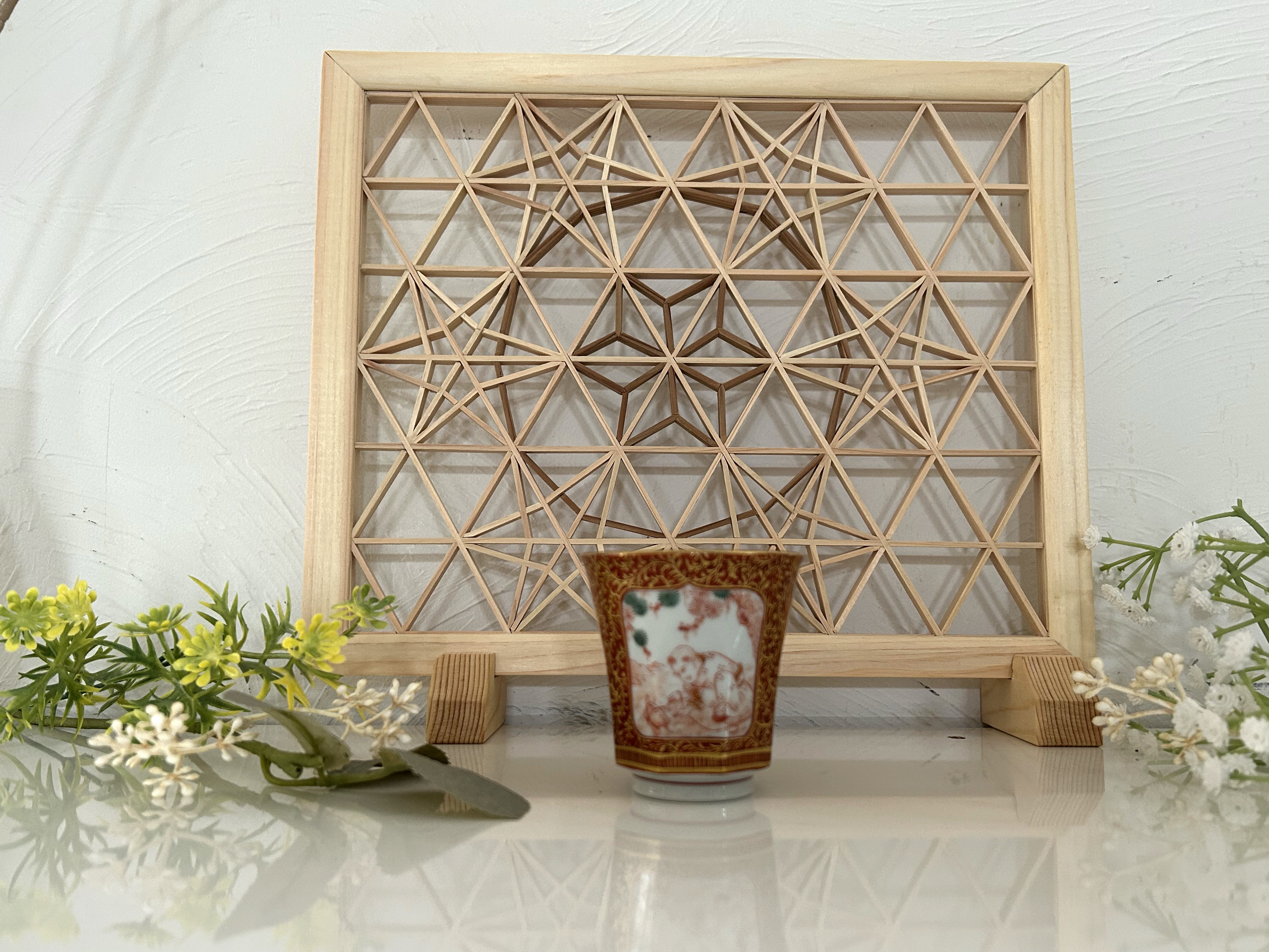 組子細工　ミニ衝立　麻の葉紋様　専用箱　金蘭緞子生地でのラッピング　creema限定