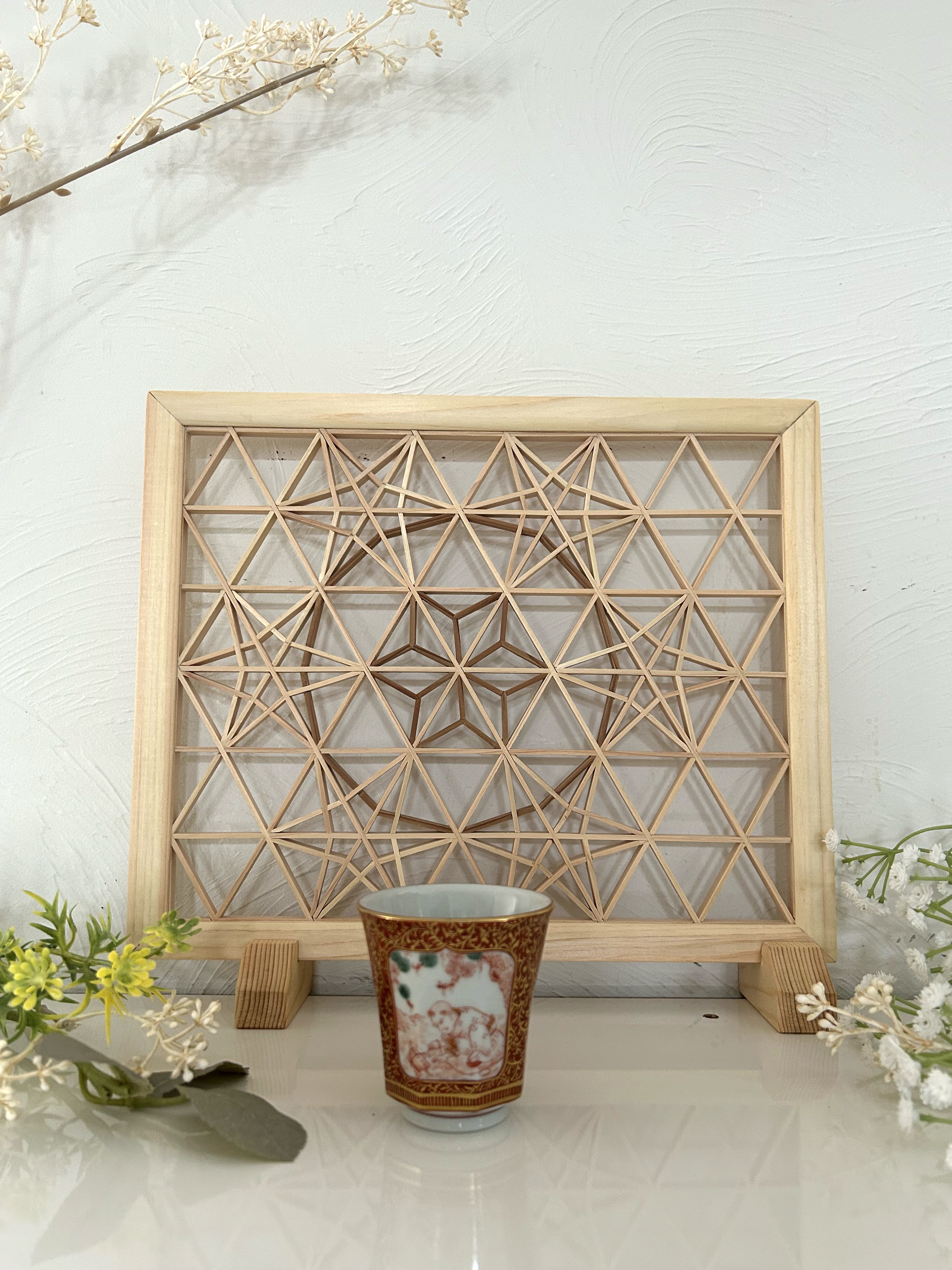 組子細工　ミニ衝立　麻の葉紋様　専用箱　金蘭緞子生地でのラッピング　creema限定