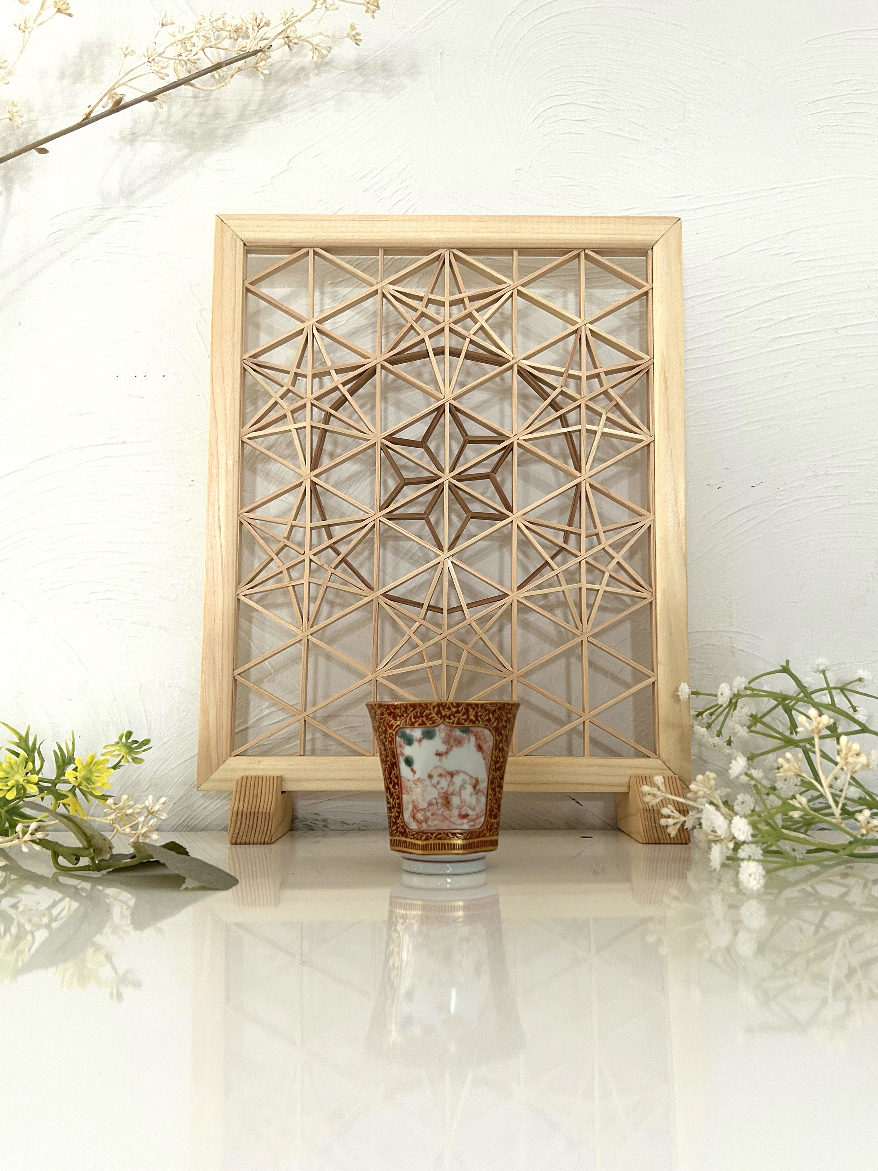 組子細工　ミニ衝立　麻の葉紋様　専用箱　金蘭緞子生地でのラッピング　creema限定