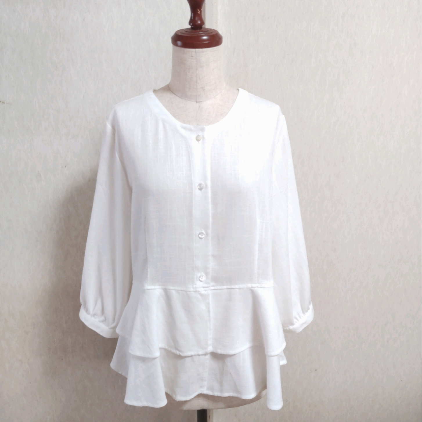 リネン  ブレンド   ペプラム  ブラウス  七分袖  ホワイト  白 Lサイズ