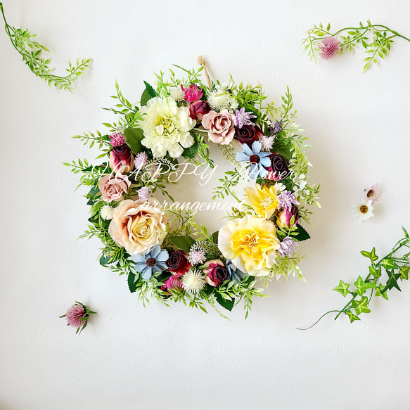 ガーベラとダリアのリース　ナチュラル　花籠リース ガーベラとダリアのリース ナチュラル 花籠リース
