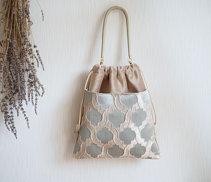 【受注製作】モロッコファブリック　巾着バッグ　パウダーブルーグリーン