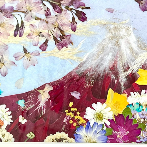 桜舞う縁起の良い幸運の赤富士風水額 押し花アート ホワイト
