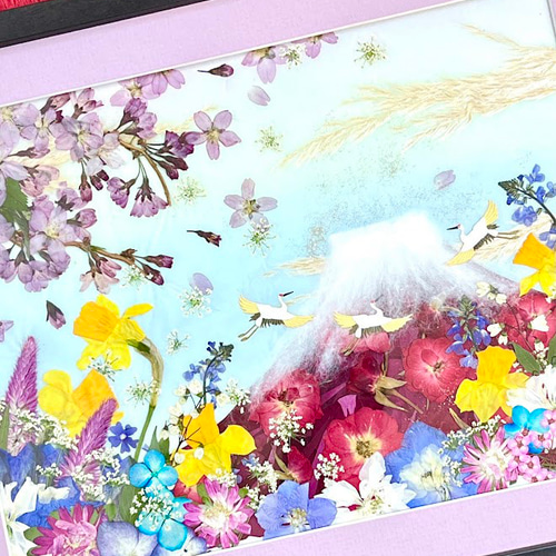 桜舞う縁起の良い幸運の赤富士風水額 押し花アート パープル