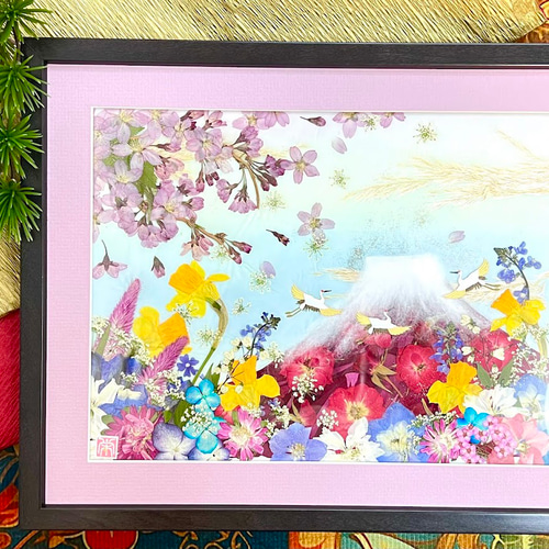 桜舞う縁起の良い幸運の赤富士風水額 押し花アート パープル その他