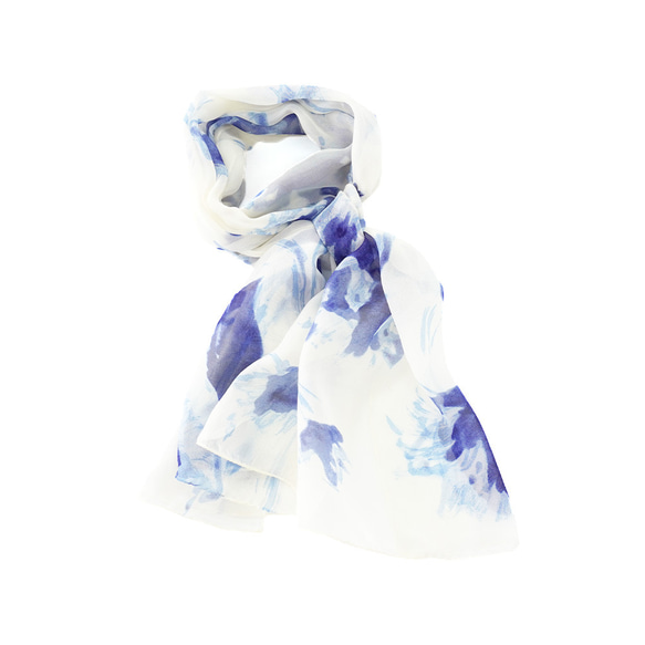 ＜洗えるシルクスカーフ＞【Marcaオリジナル】水彩大花ロング(LFY-007) シルクローン ネイビー 2枚目の画像