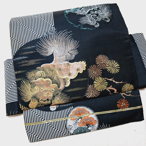 アンティーク名古屋帯 巻物に龍、冊子に唐獅子 アンティーク名古屋帯