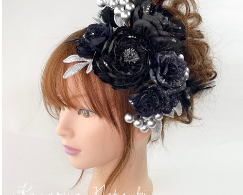 黒薔薇の円形ヘッドドレス ローズリボン円形ヘッドドレス - ボンネット、ヘッドドレス