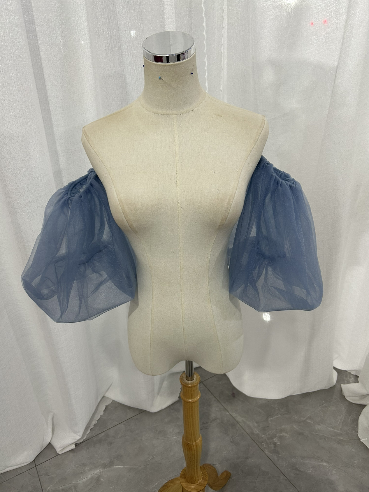 パフスリーブ ネイビー ストレッチ ふわふわ袖 ソフトチュール 可愛い